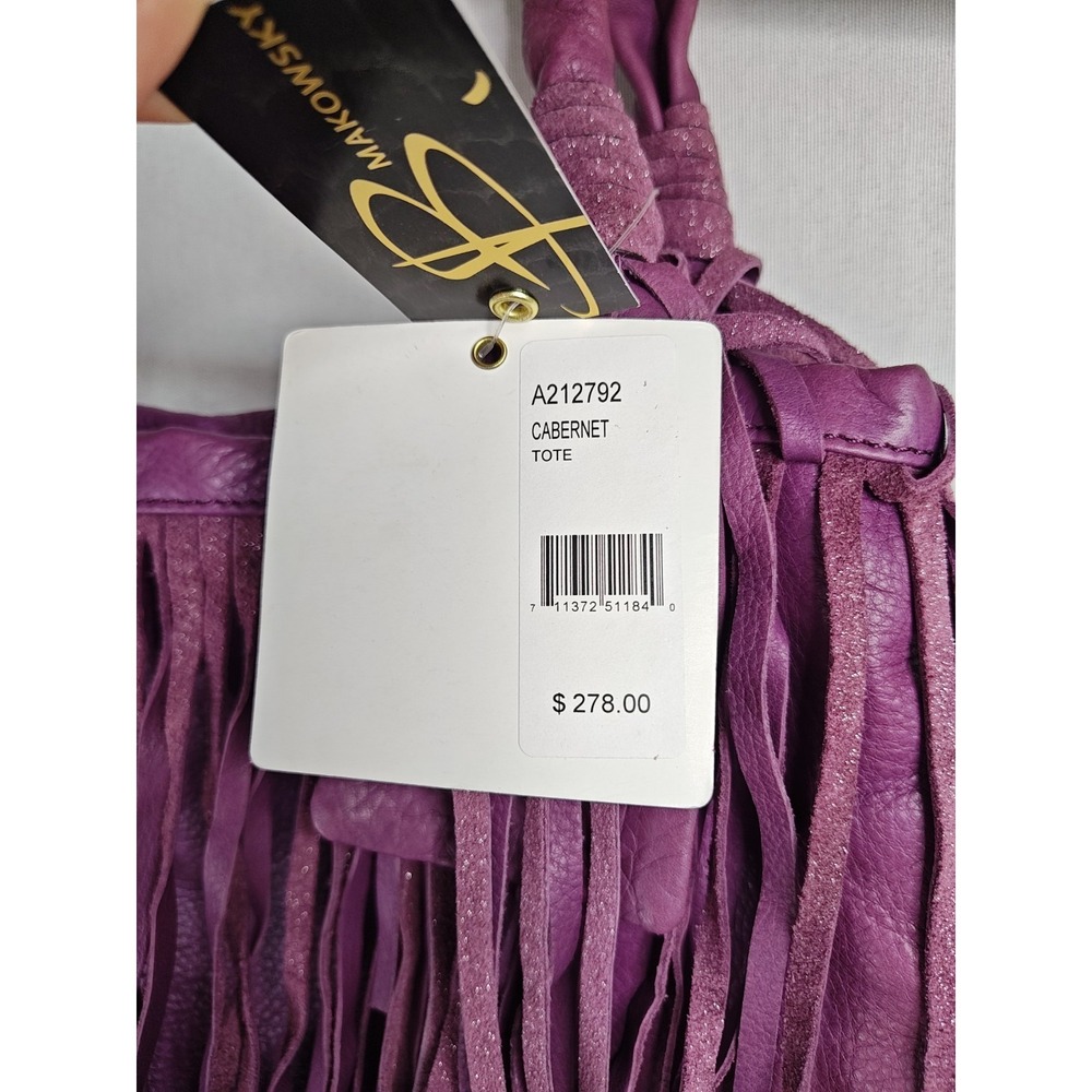 B. Makowsky Cabernet Purple Leather Fringe Tote Bag Hobo Purse NWT A212792 - Picture 4 of 16